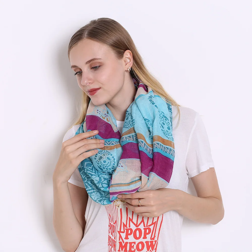 Cenrui Womens Double Hidden Zipper Pocket Infinity Loop Scarf Boho Style Floral Striped Printed Contrast Color Wrap Shawl