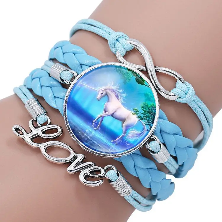 Hot sale time gem glass bracelet cartoon unicorn braided leather bracelet