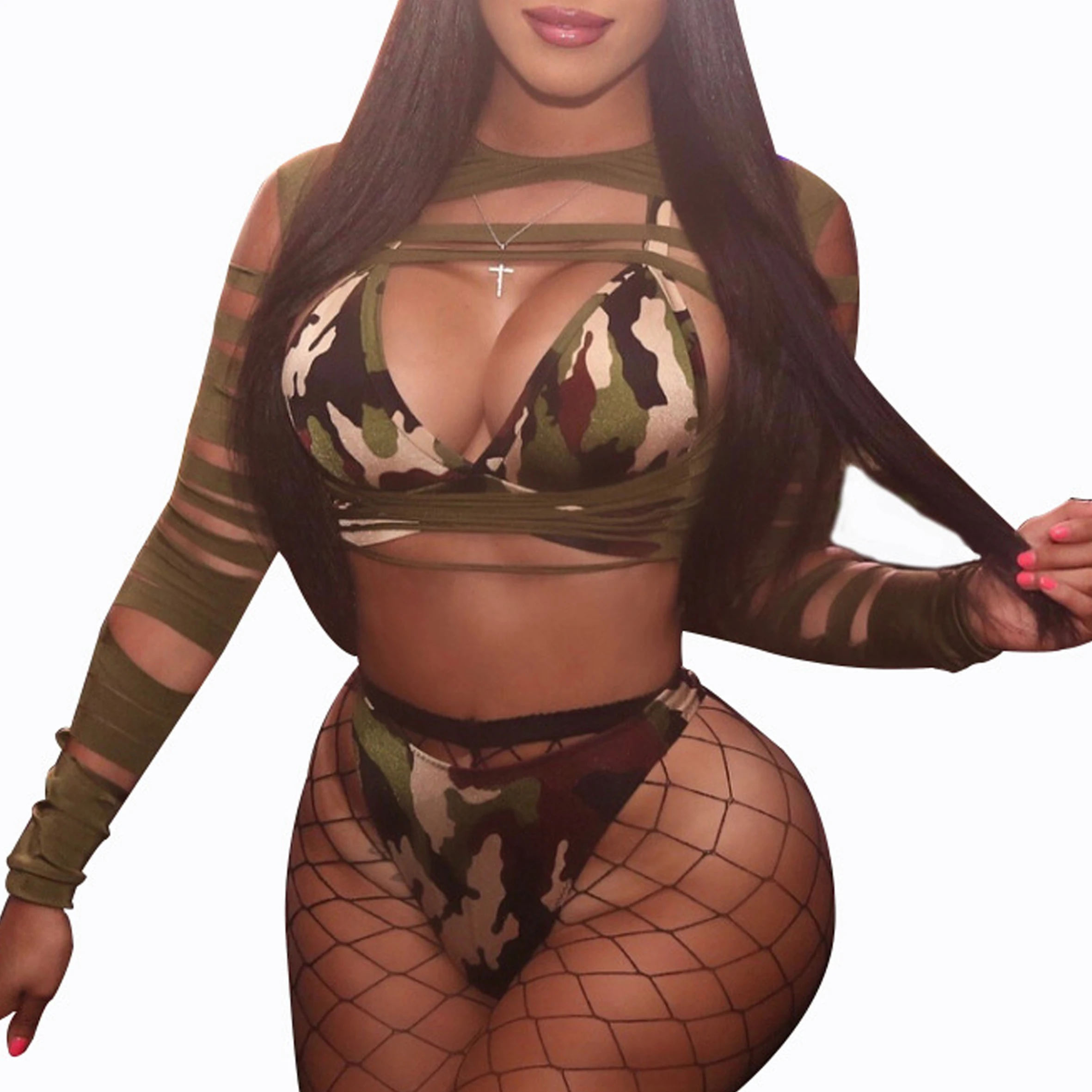 Камуфляжные бикини из трех частей, Длинные купальники, стринги для женщин