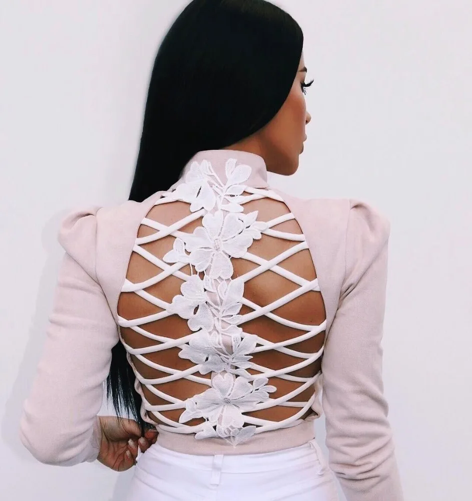 BH3364 с длинными рукавами короткое пальто сексуальное открытое платье с низким вырезом на спине куртка сексуальные кружева на спине, Модный повседневный Топ для женщин