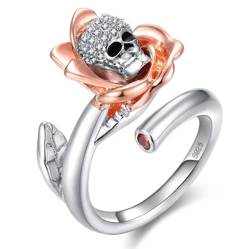 AC08421 AngryCat ustrian Gothic skull Rose Silver Color Rings For Women Girl Fashion Engagement Shiny Crystal CZ Jewelry Trendy