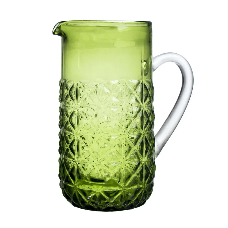 Hand Made Embossed Green Color Drinking Glass Water Jug with Handle