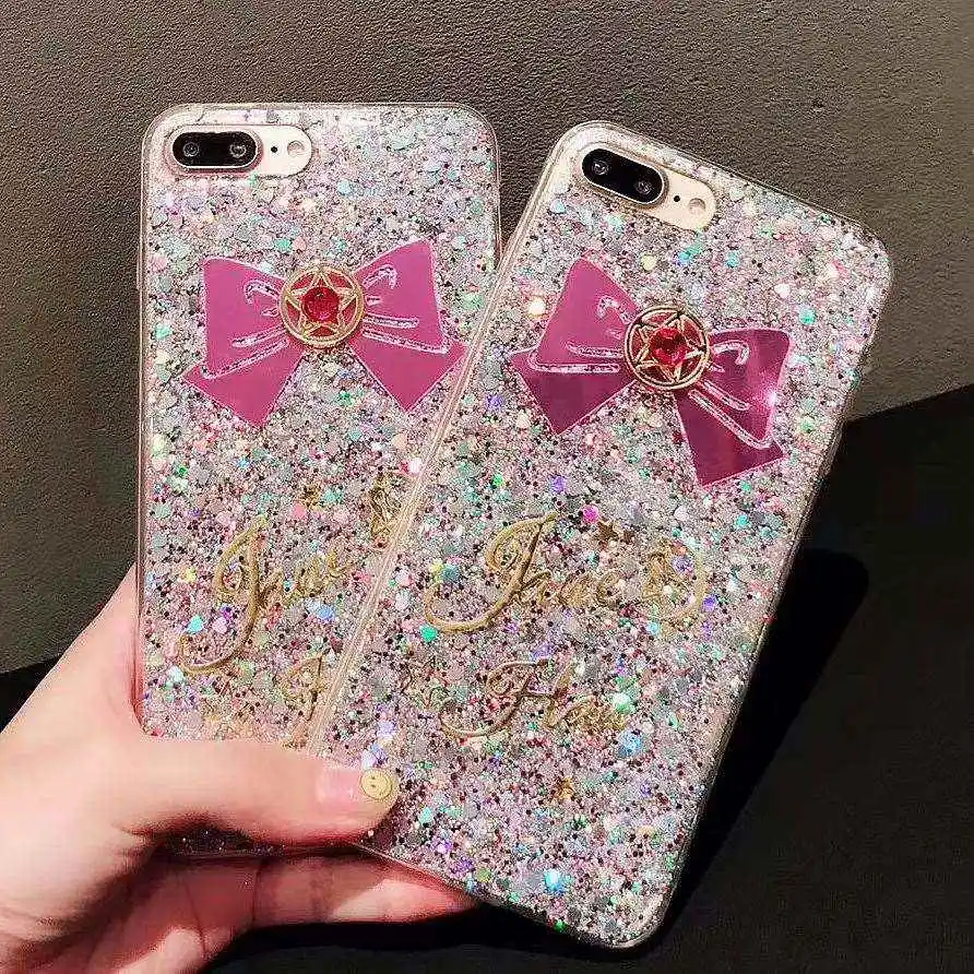 New Cute Cartoon Sailor Moon Case For iPhone 7 plus 6 6s plus Comics Paillette 3D Flash Powder Glitter Back Funda Cover Coque
