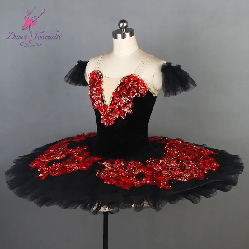 Black swan professional ballet costume velvet bodice and 7 layers stiff tulle pancake tutu skirt BLL086