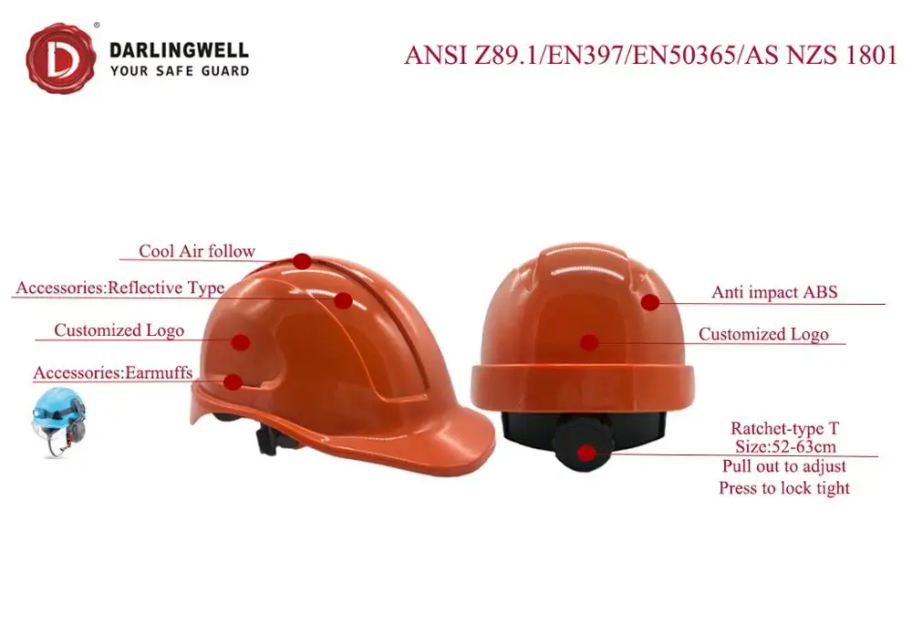 
DARLINGWELL Hot selling EN397 european style safety helmet hard hats construction industrial safety helmet ansi as/nzs1801 China 