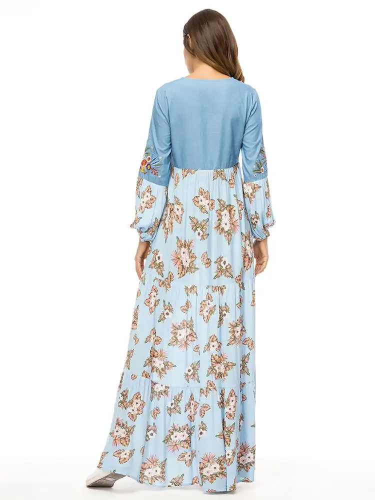A4267 Elegant Ethnic Floral Long Dress Fashion Contrast Color Block Patchwork Maxi Dresses long Sleeve Muslim Arab Clothes