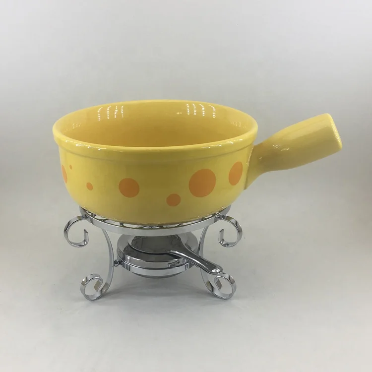 French style heat resistant western hotel ceramic sterno white fondue pot with stand