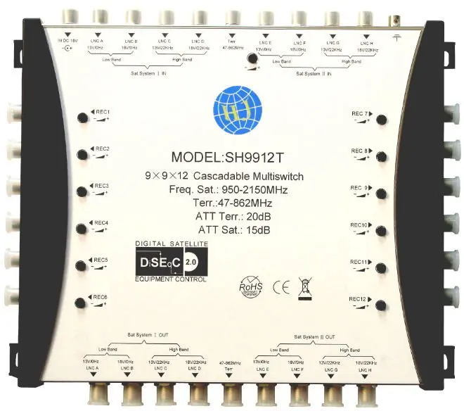 SH9912E 9IN cascade multiswitch diseqc multi switch for 4k satellite receiver tv multiswitch