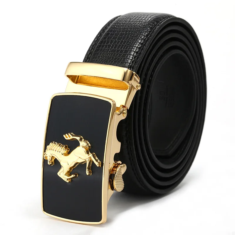 3.5cm width high quality 3D engraved running horse logo easy clip removable automatic buckle custom belt genuine leather