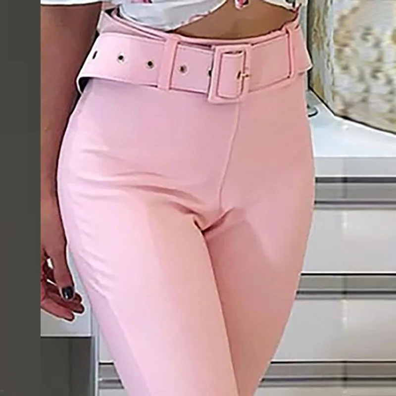 women solid polyester High Waist Bell-Bottom Casual long  flare leg Pants Flat front  waist belt  front zip fly full length