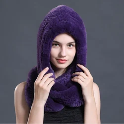 CX-C-142D 2021 New Style Rex Rabbit Fur Knitted Hooded Scarves