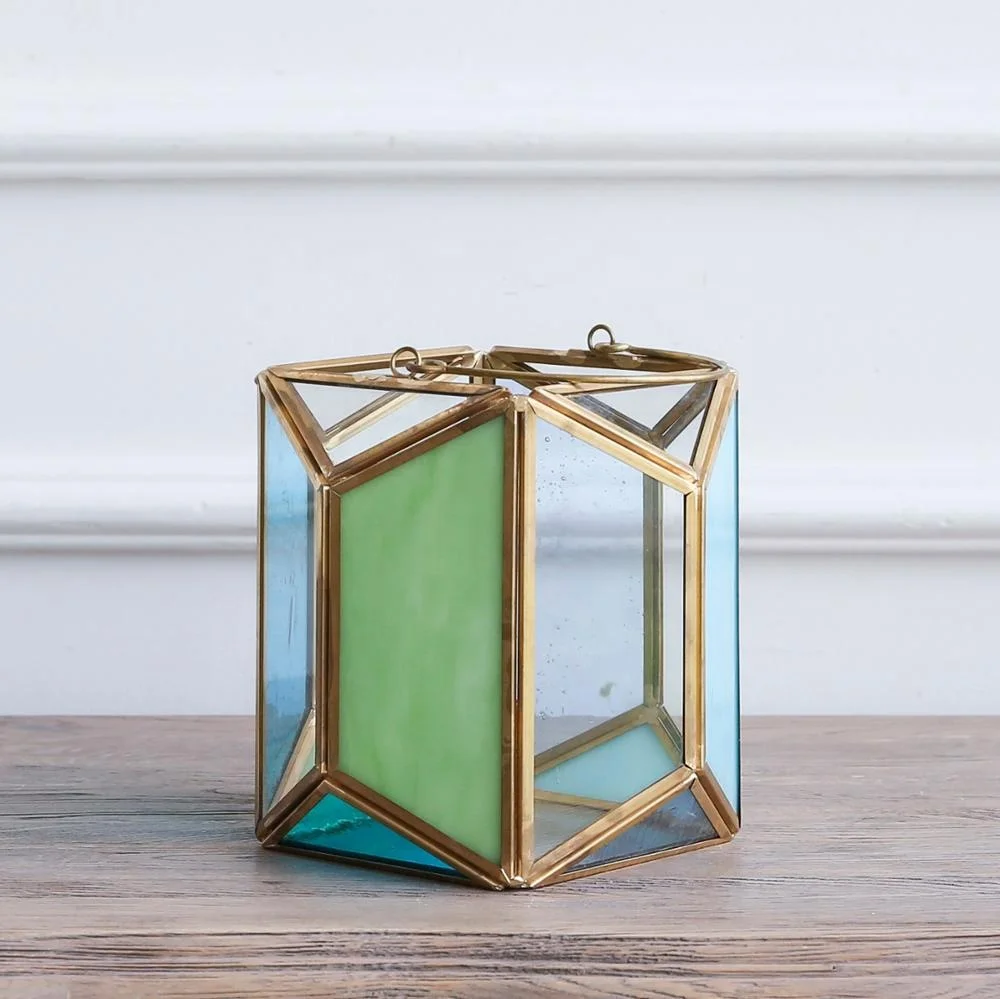 Bixuan Candle Lanterns Sea Blue Stained Church Glass Brass Frame Hanging Tea Light Holder Polyhedral Candle Lamp