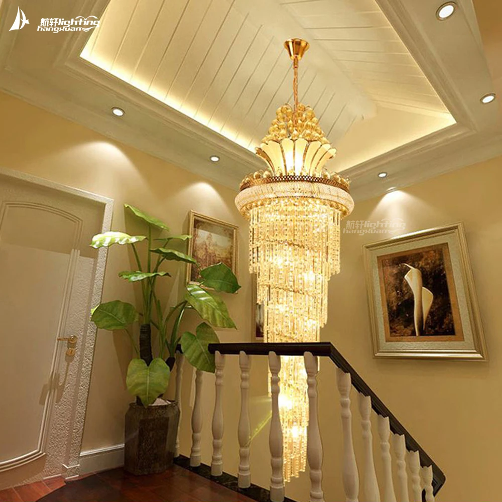 Modern staircase gold finish crystal chandelier indoor lighting with  long crystal chandelier for hotel flat