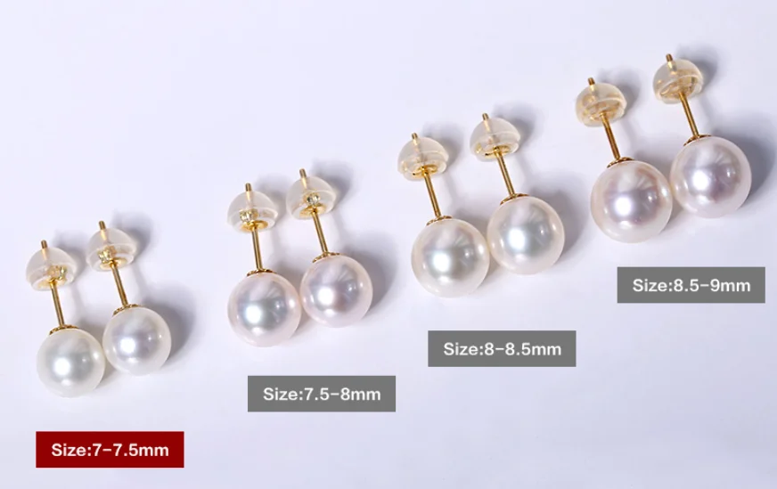 6.5-8.5mm AAAA Grade Natural White Real Genuine Natural Sea Water Japanese Akoya Round 18K Yellow Gold Pearl Stud Earrings