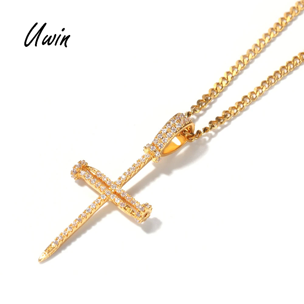 HipHop Iced Out Bling Bling Zircon Cross Nail Pendant 18K Gold Plated Pendant