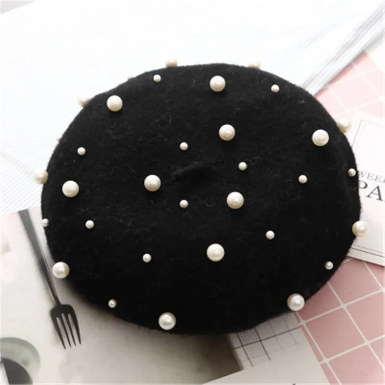 Wholesale 2019 Autumn/Winter New Cashmere Luxury Heavy Craft Pearl Rivets Wool Berets