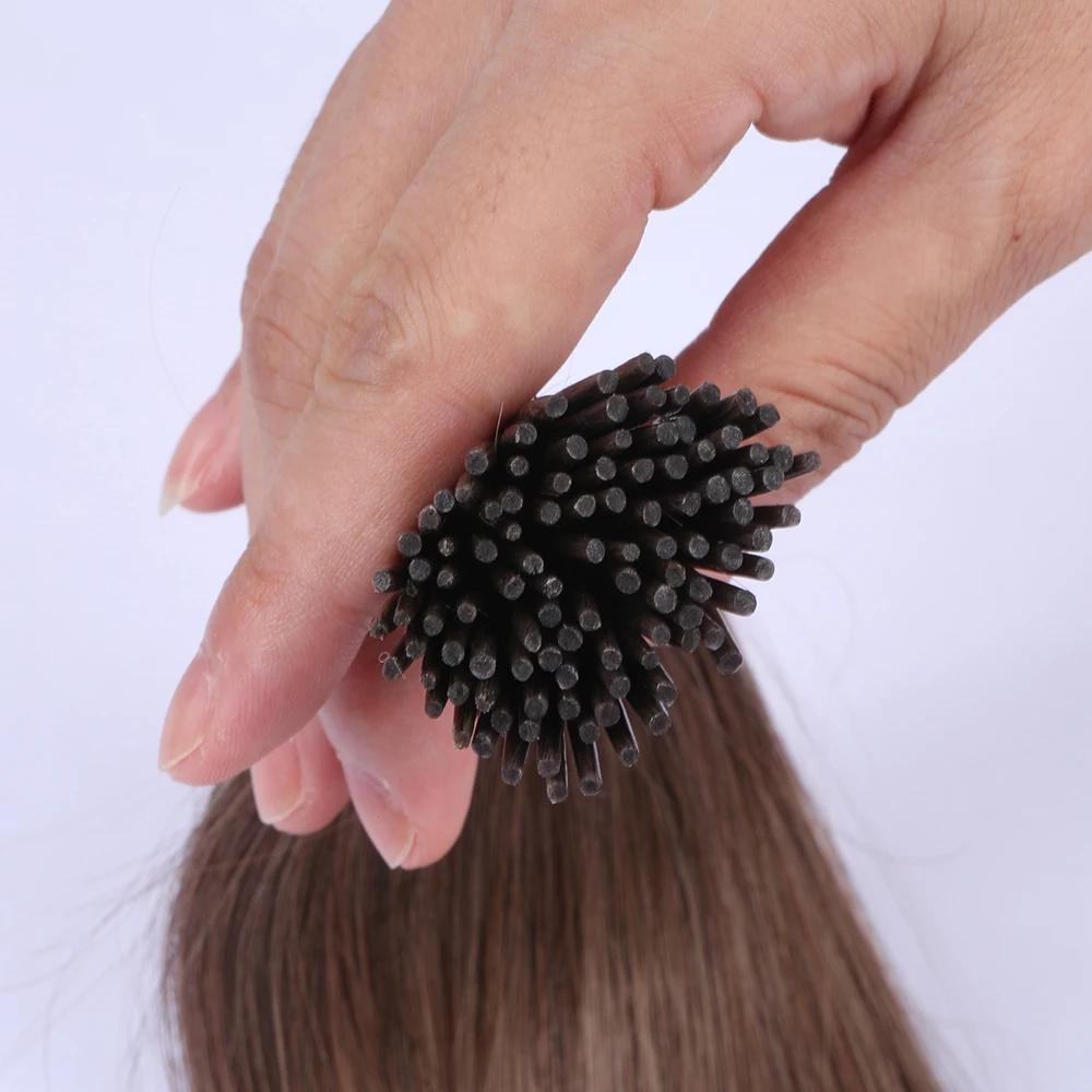 100 Strands I Tip Hair Extensions Human Hair Light Brown #8 Color Soft Straight Remy Hair Pre Bonded Stick Shoelace Tips