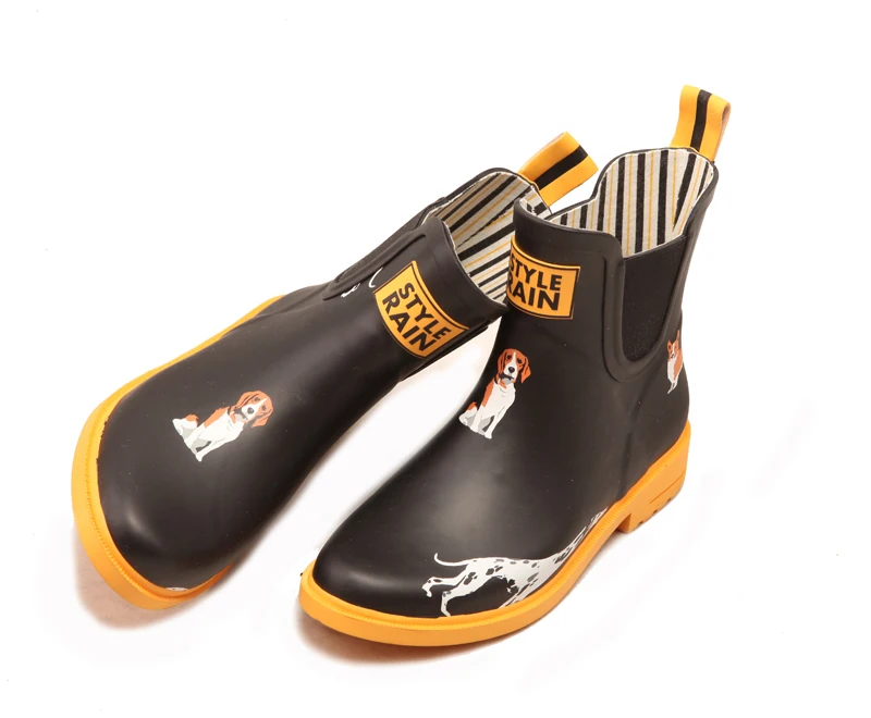 
black upper yellow rubber outsole lovely dog printed chelsea style elastic gore new style girls rain boot shoes wellies 