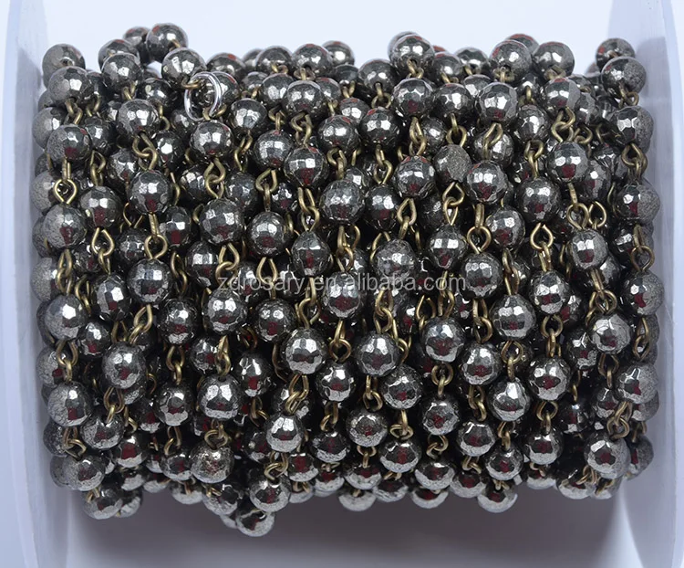 Antique Bronze Wire Wrapped Chain Rolls Natural Hematite Bead Rosary Link Precious Stone Necklace for D I Y