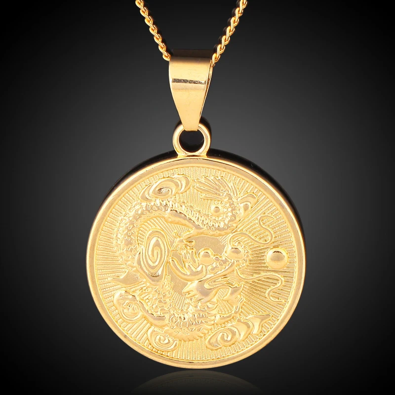 New Design High Quality 18K Gold Plated China Dragon Round Necklace Pendant For Men
