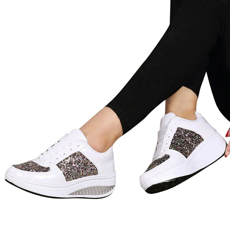 
Ladies Color Mirror Thick Bottom Wedges Large Size Sequins Sports Shoes 