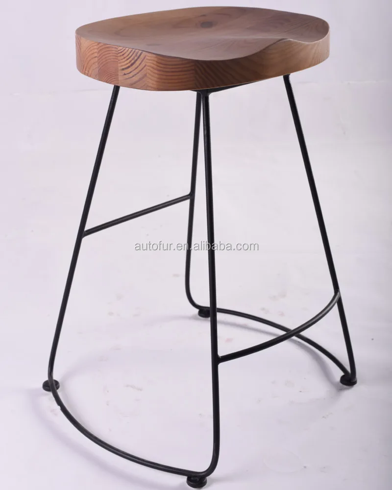 Factory Kitchen Metal Leg Wooden Seat solid wood Bar Stool