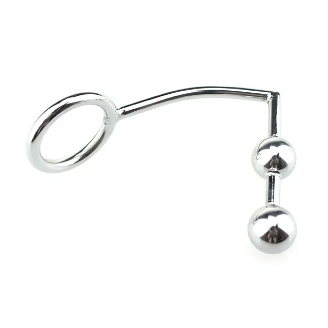 Large Size Stainless Steel Anal Hook With 2 Bead Ball Penis Cock Ring Butt