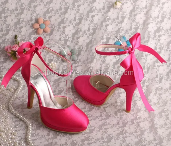 Custom Ribbon Tied Wrap Wedding Shoes Hot Pink