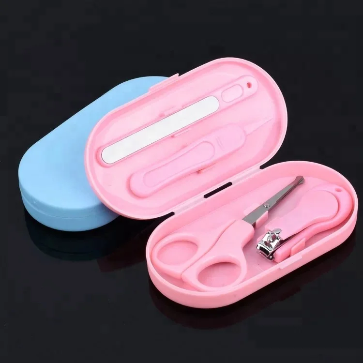 Best price fancy baby girl kid pink blue color 4pcs DIY beauty manicure art kit travel nail care tools gift set in mini case