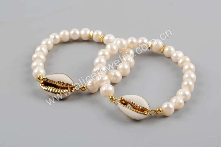 G1552 Cowrie Shell With Pearl Beads Bracelet Gemstone Bead Bracelet