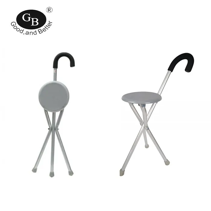 Three-legged Aluminum Folding Stool Chair Cane Walking Stick with Seat