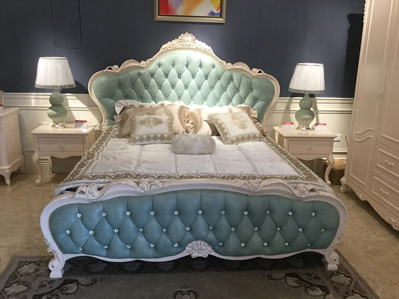 French style furniture romantic fabric wedding  bed with diamond buttons