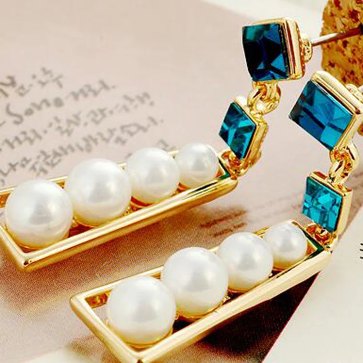 2017 New Model Fashion three pearls kc gold rectangle border blue prismatic Rhinestone women girl party jewelry charm earring