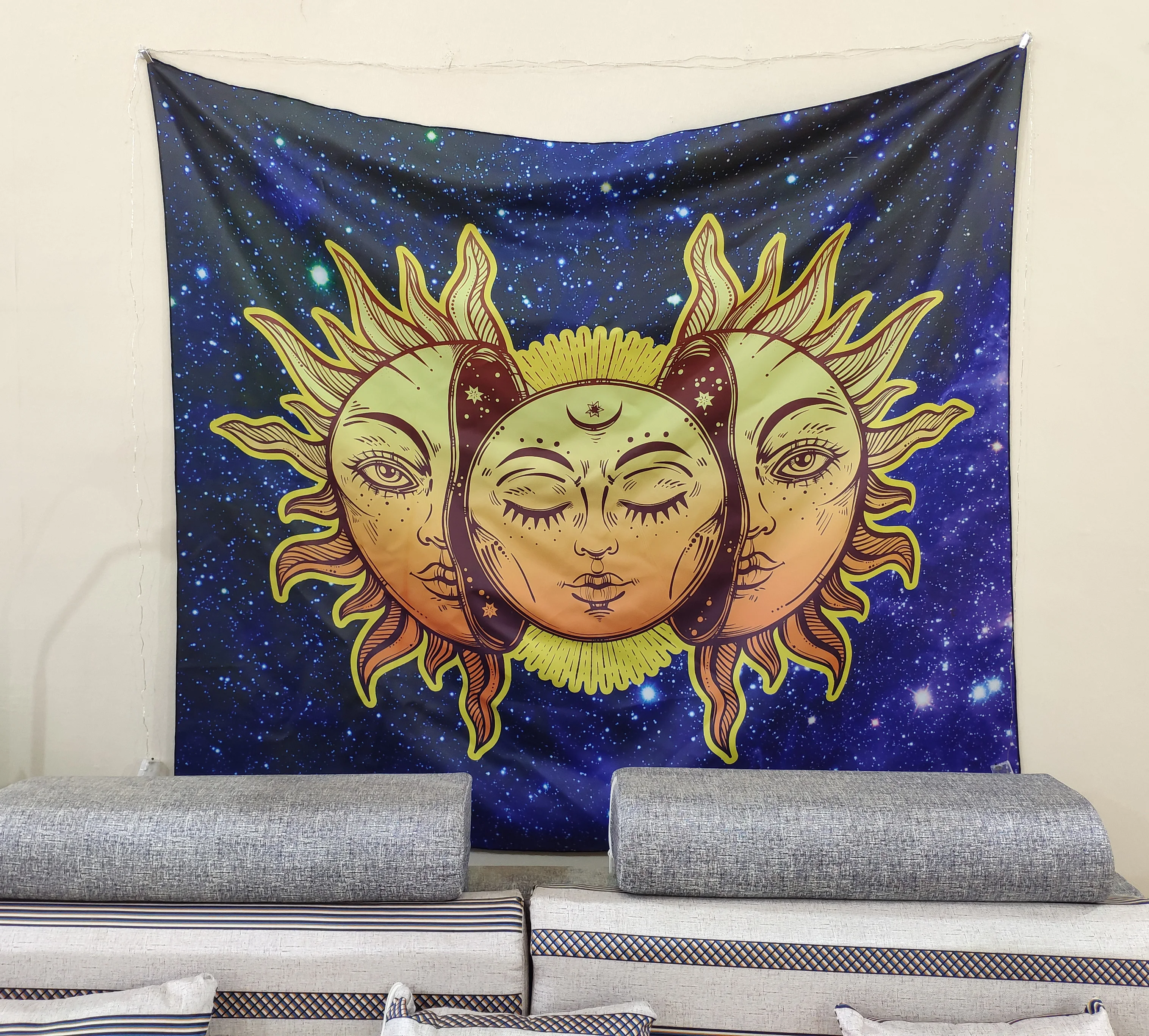 Custom Peach Skin Polyester Hippie Psychedelic Sun and Moon Tapestry for Living Room Bedroom in 51x60 Inches