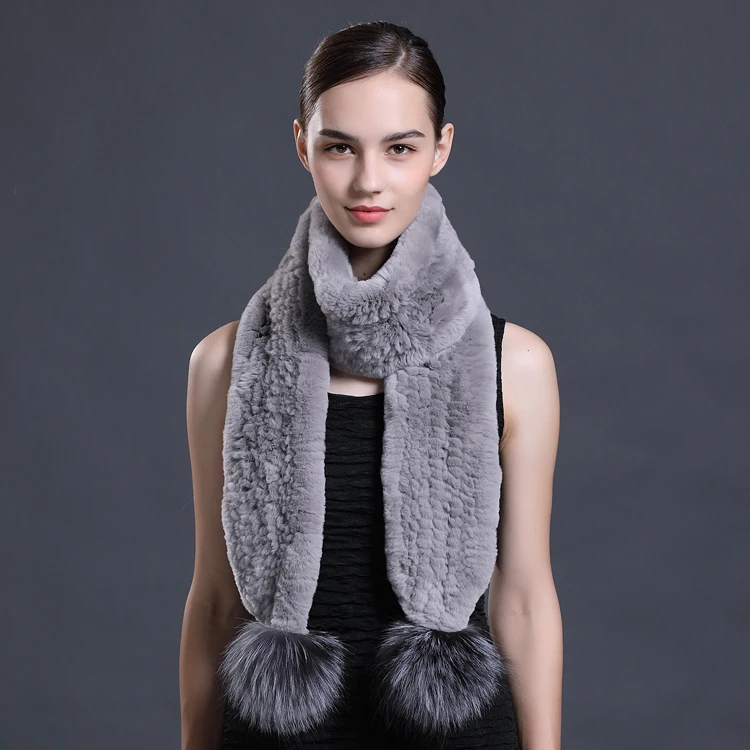 CX-S-109A Hot Sale Hand Knitted Scarves Rex Rabbit Fur Scarf with Fox Fur Pompom