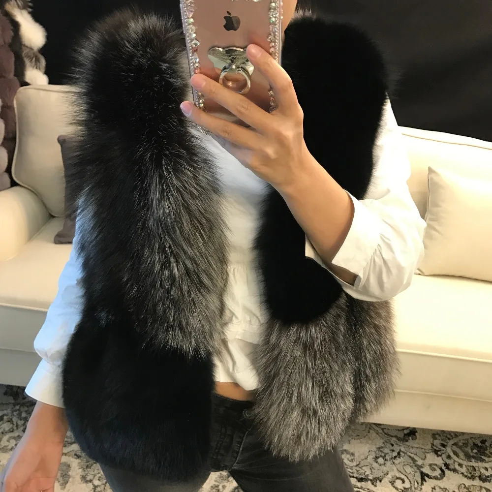 women V-neck patchwork real fox fur vest ladies warm soft natural fox fur gilet