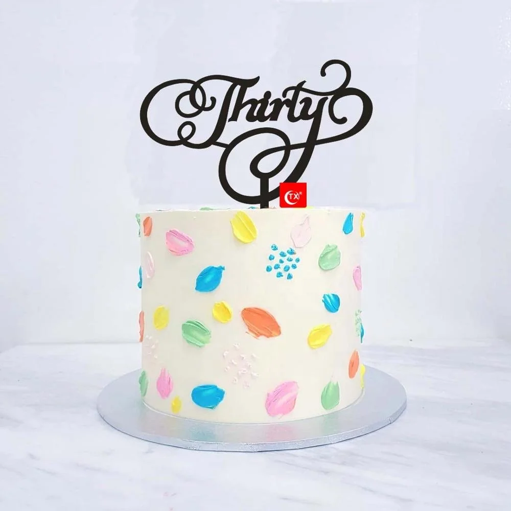 
TX Personalized Happy Birthday Anniversary Thirty Mirror Gold, Black Acrylic Cake Topper For Party Decoration 