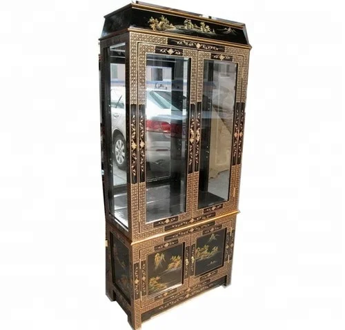 
black chinoiserie lacquer oriental art furniture wine glass cabinet 