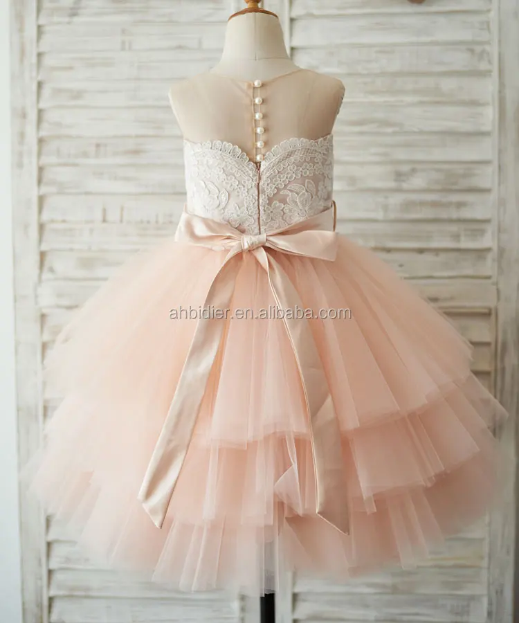 change--Sheer Neck Peach Pink Tulle Lace Cupcake Skirt Wedding Flower Girl Dress with beaded sash