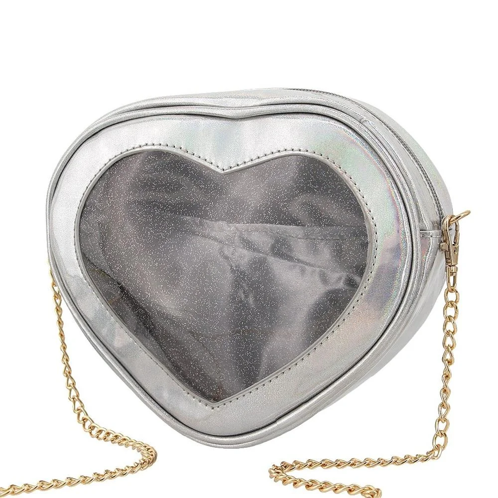 custom pins display Women Hologram Pu Leather Heart Shape Clutch Chains Purse ita Handbag Crossbody bag