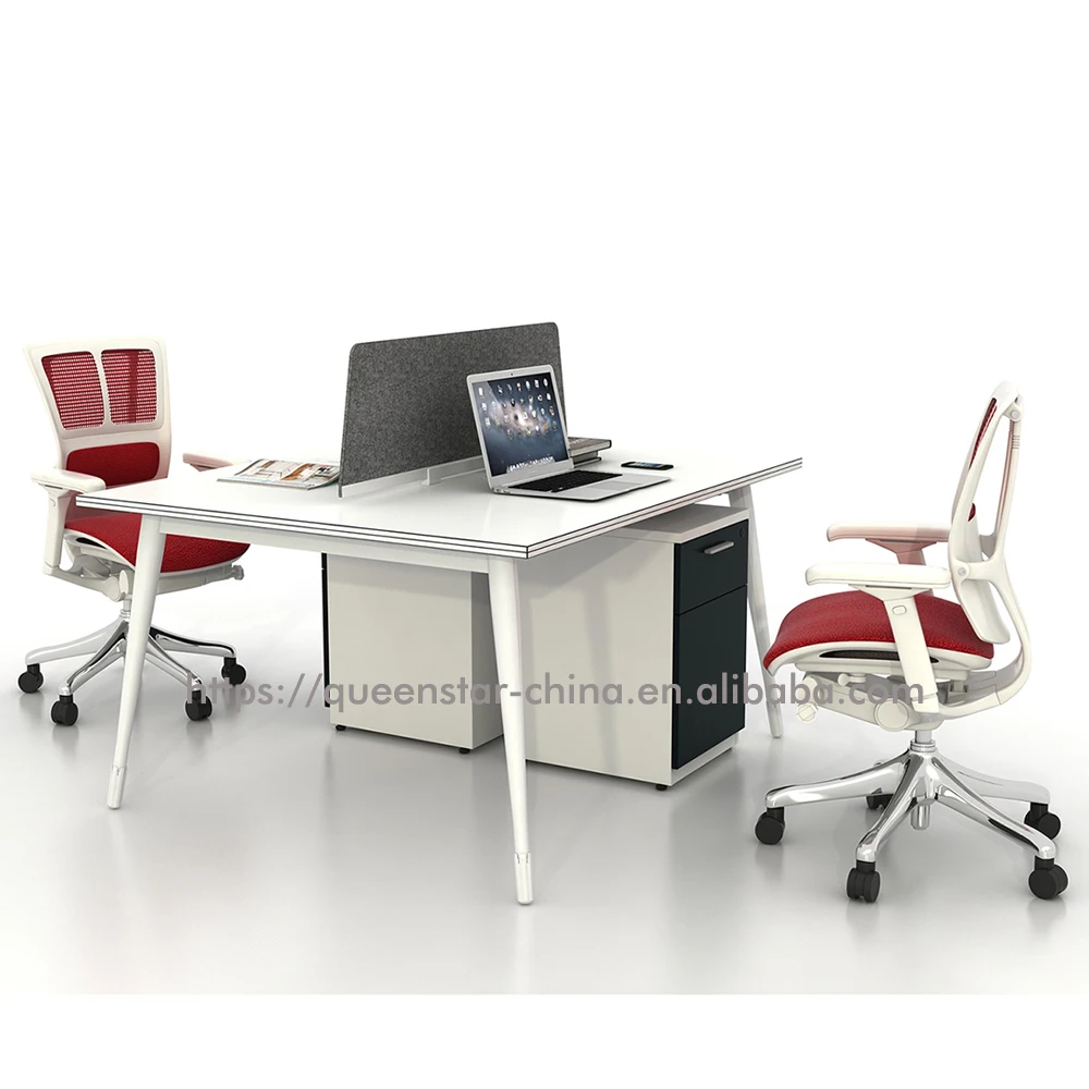 QS-OW-COM01 2 person office workstation open office cubicle with 4 legs with divider screen