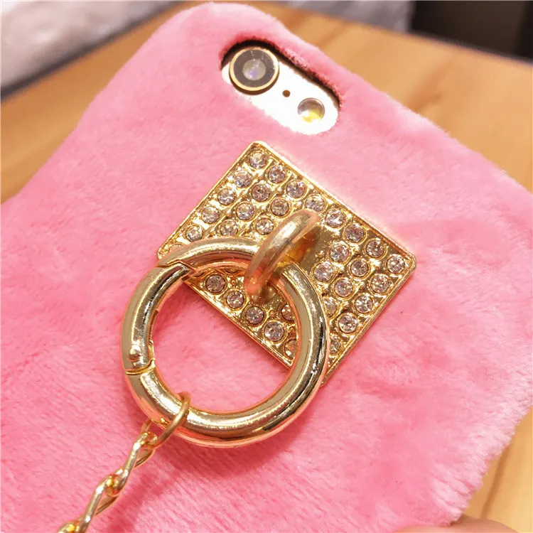 Korea Wram Rabbit Fur Ball Diamond Metal Ring Tassel Case for Iphone 6 6plus 7 7 plus Luxury Plush Hard Pc Cover cases Purple