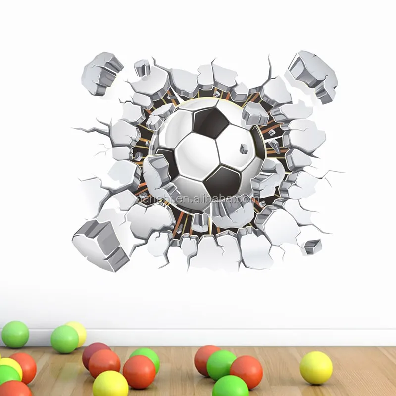 Football Soccer ball through the wall wall decals room decor 3d wall stickers kids boys room decoration