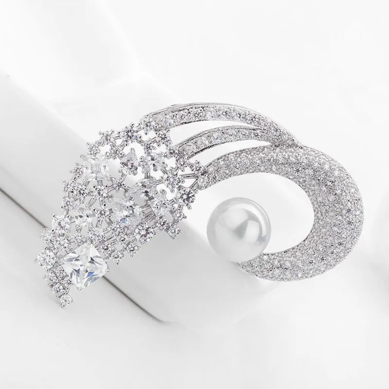 LUOTEEMI Wholesale Elegant Lady Wedding Dress Accessories Jewelry Free Shipping Luxury Crystal CZ Diamond Peal Swan Brooch