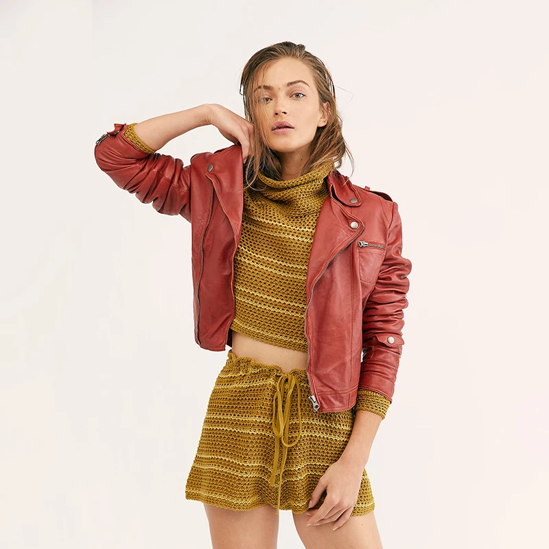 New Fashion Women Motorcycle Stylish Women Genuine Red Sheepskin Leather Jacket with high quality