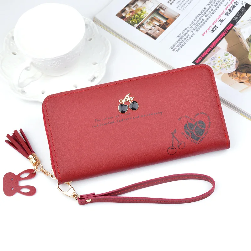 2019 New women cherry wallet large capacity zipper tassel wallet mobile phone bag