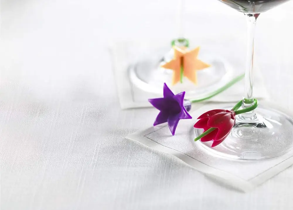 Flower Wine Glass Charms Set of 6 Glass Markers that Work on Stem Glasses - Gift Storage Box