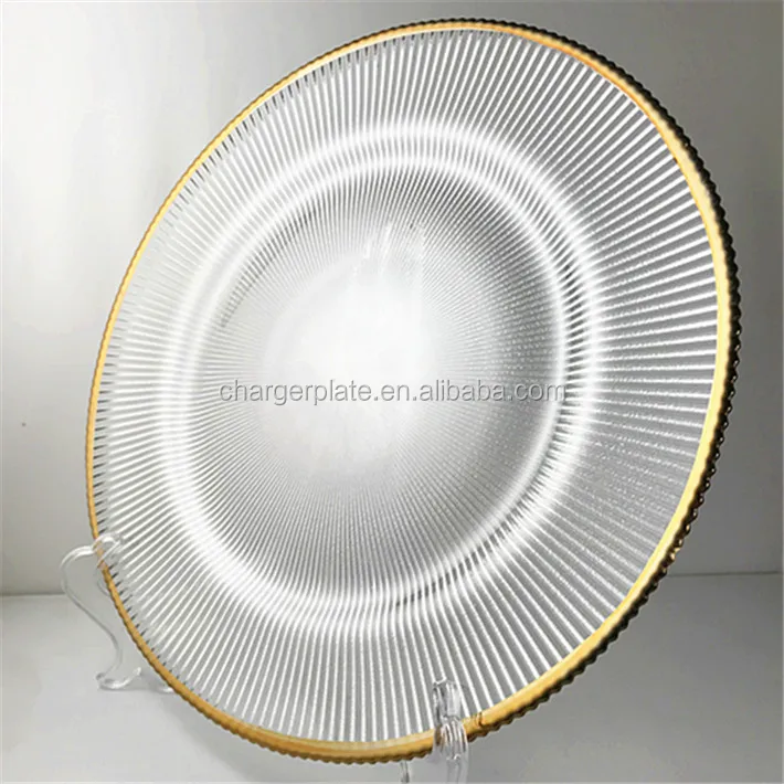 13inch Cheap Unique Ray Design Gold Rim Clear Glass Charger Plate Wedding Decoration Supplies