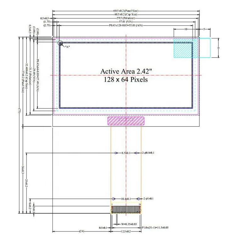 2.42 inch SSD1309  24pin 128 *64 monochrome OLED display