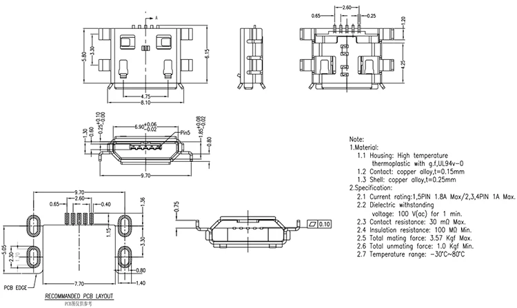Mid mount Micro USB 2.0 Type B female 5 Pin SMT Connector Jack